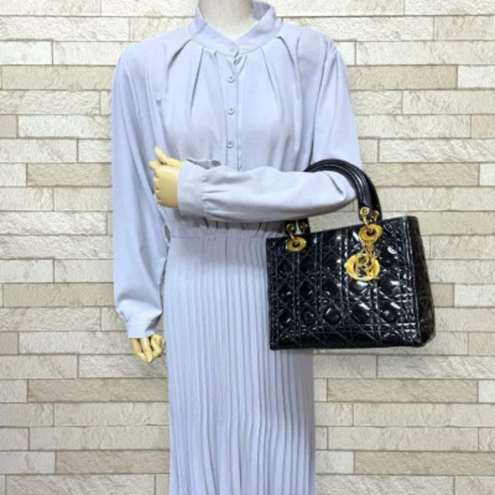 Dior Cannage Patent Vernis  Leather Handbag Lady Christian Black